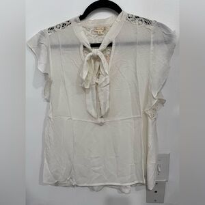 Hem & Thread Cream Tie-Neck Lace Shoulder Blouse